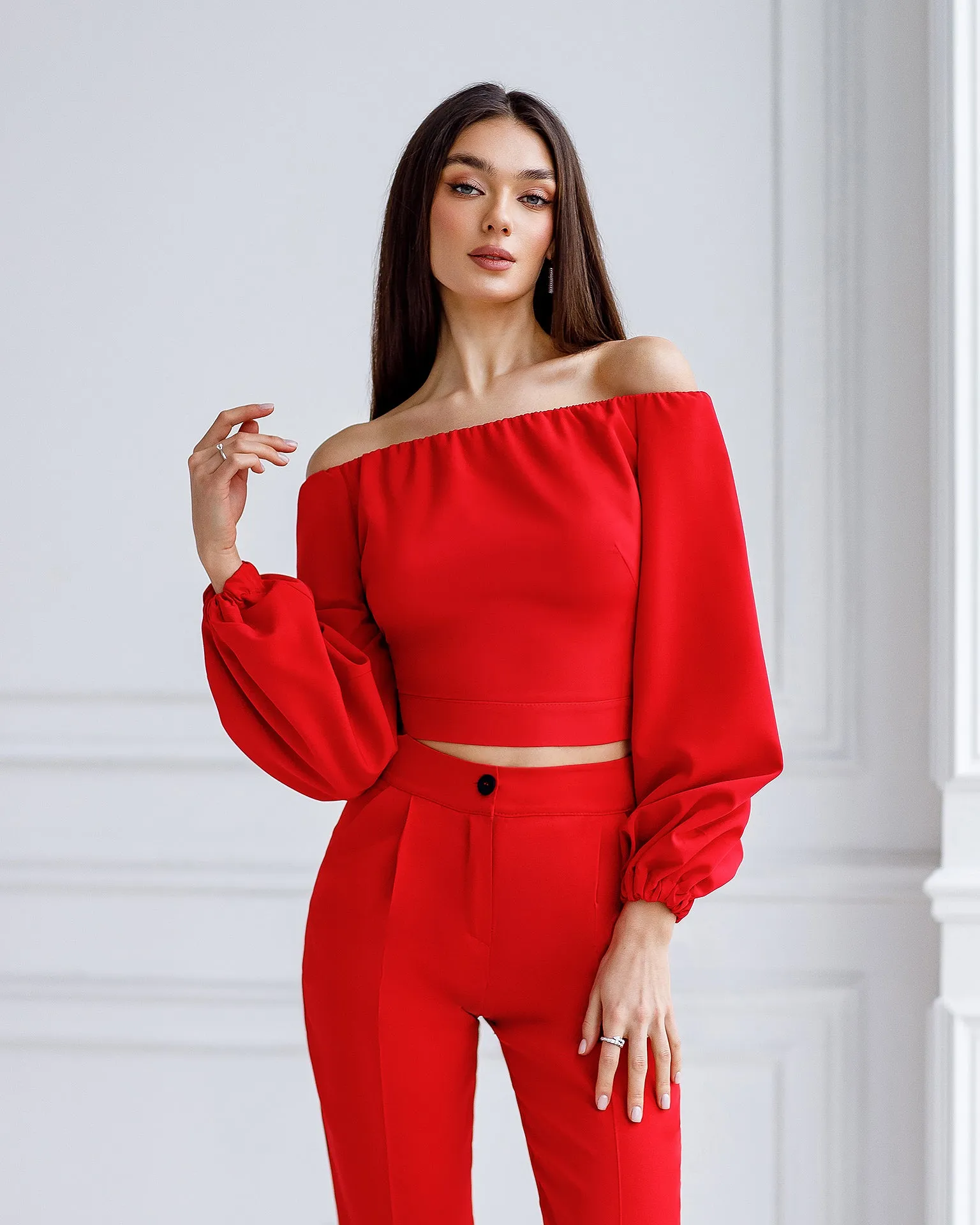 Red Off-The-Shoulder Puff-Sleeve Top