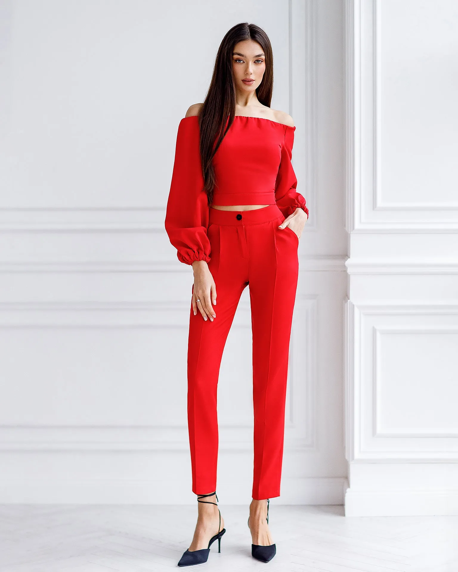 Red Off-The-Shoulder Puff-Sleeve Top