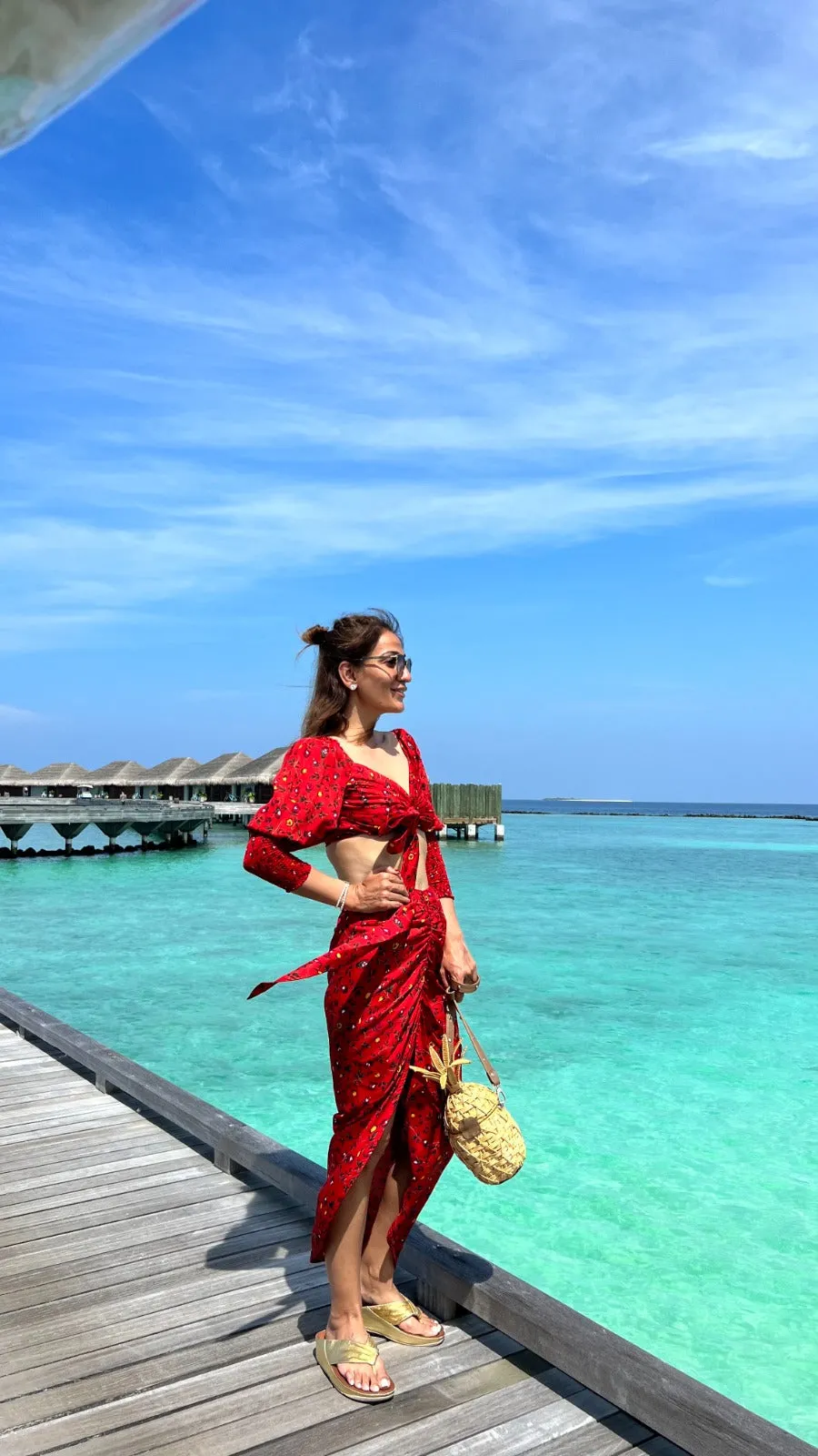 RED PRINTED DHOTI COORD SET FOR WOMEN