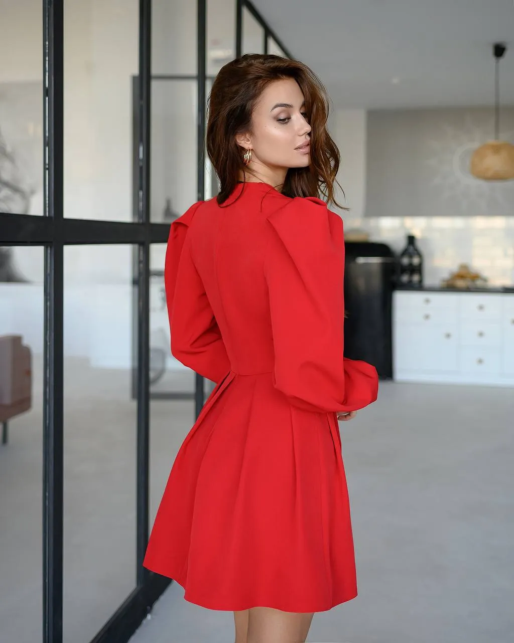 Red Puff-Sleeve V-Neck Mini Dress