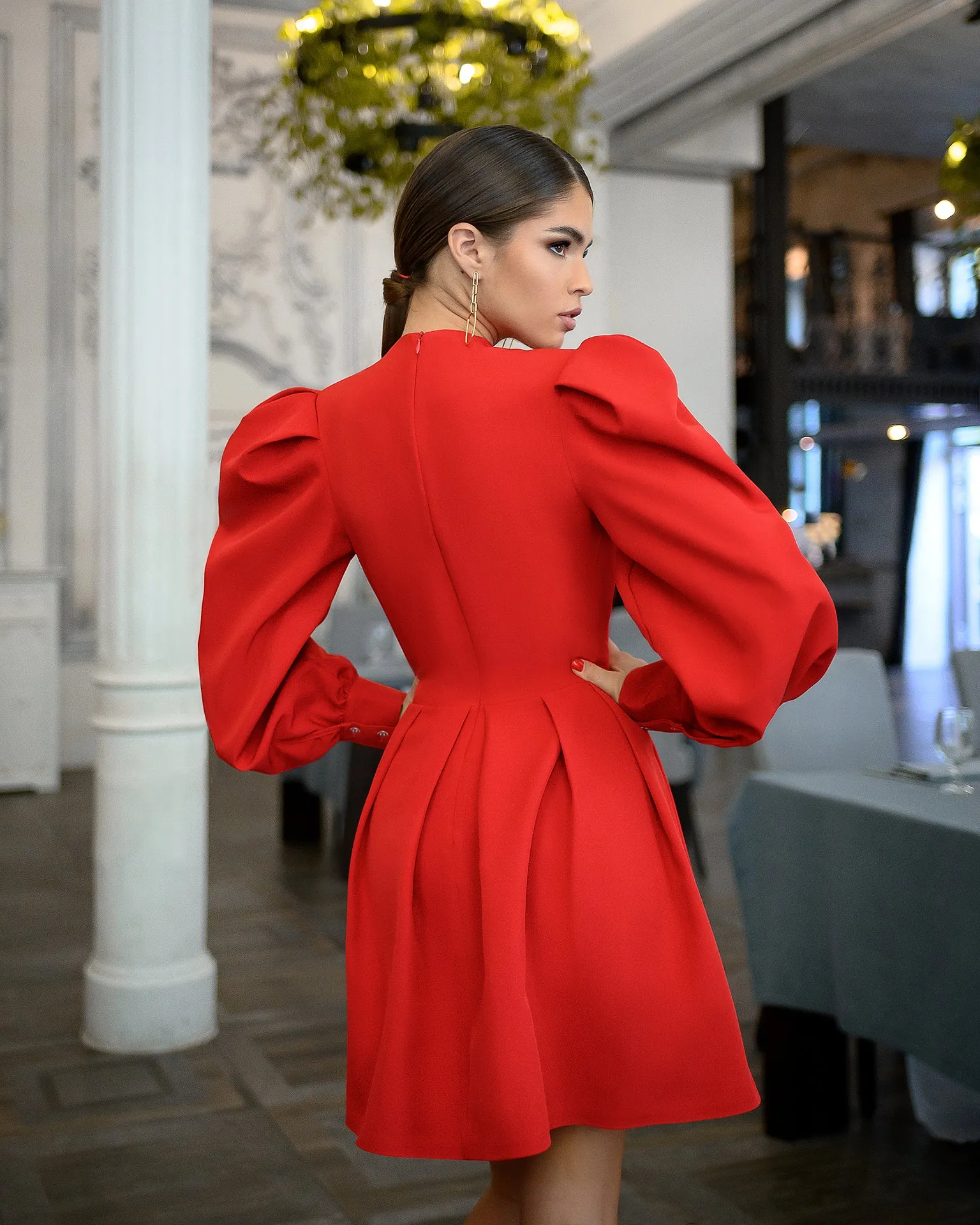 Red Puff-Sleeve V-Neck Mini Dress