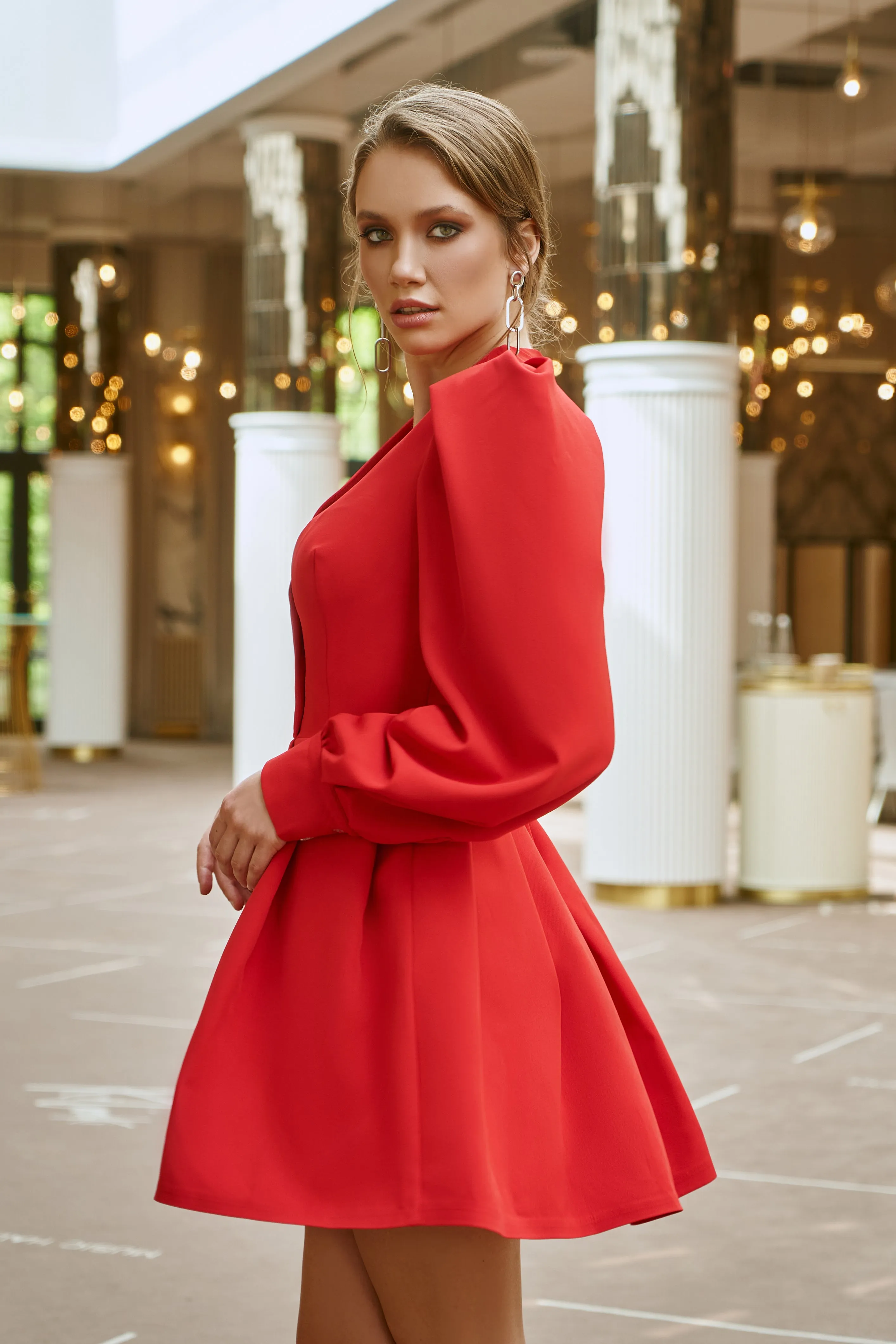 Red Puff-Sleeve V-Neck Mini Dress