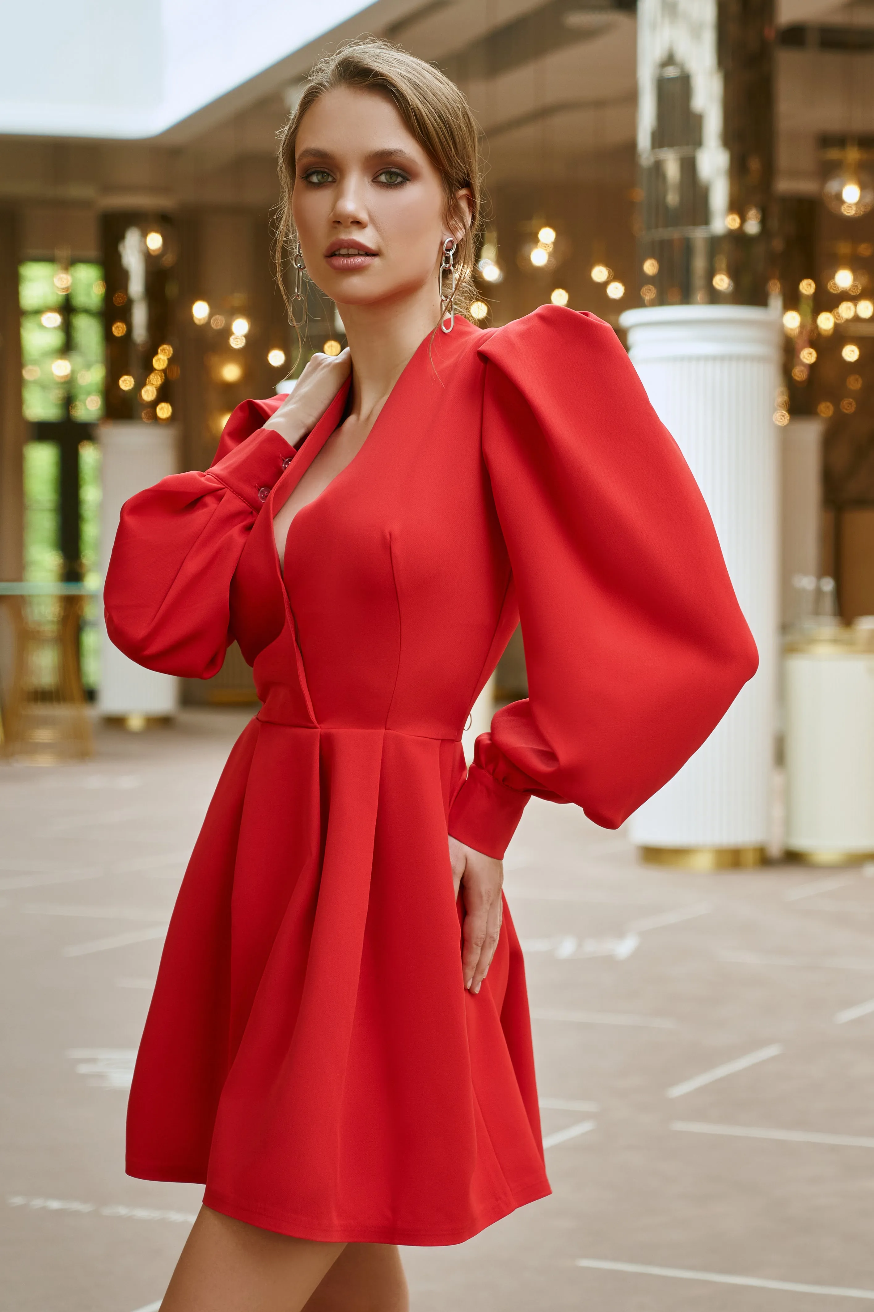 Red Puff-Sleeve V-Neck Mini Dress