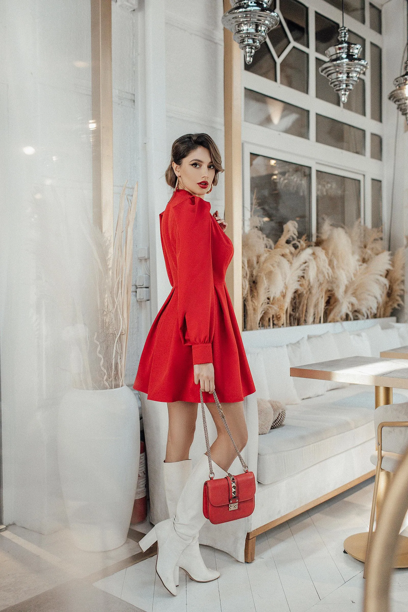 Red Puff-Sleeve V-Neck Mini Dress