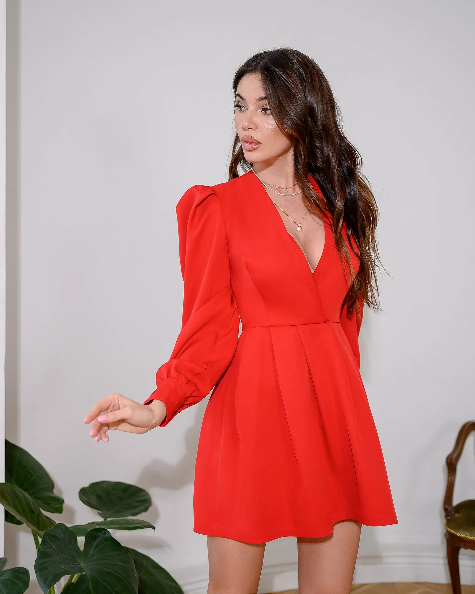 Red Puff-Sleeve V-Neck Mini Dress