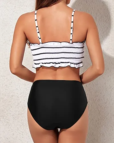 Removable Padded Bandeau Bikini Set High Waisted Bottoms-Black And White Stripe