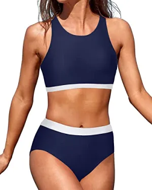 Removable Padded Bra Bikini Set 2 Piece Bathing Suits For Teen Girls-Navy Blue And White