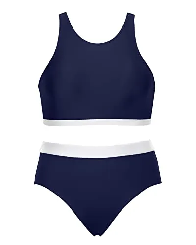 Removable Padded Bra Bikini Set 2 Piece Bathing Suits For Teen Girls-Navy Blue And White