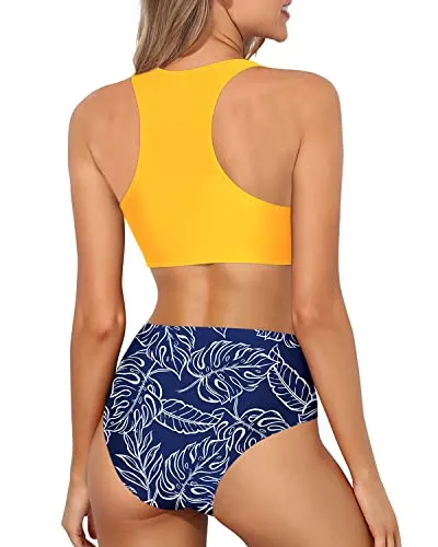 Removable Padded High Neck Racerback Two Piece Bikini Set-Yellow And Blue Leaf