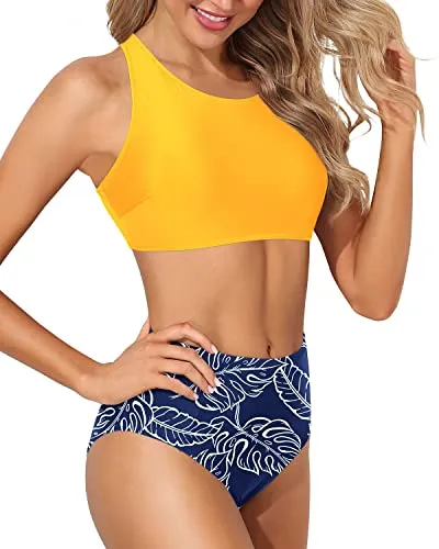 Removable Padded High Neck Racerback Two Piece Bikini Set-Yellow And Blue Leaf