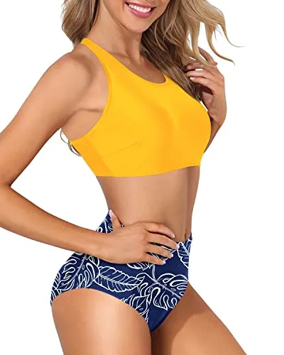 Removable Padded High Neck Racerback Two Piece Bikini Set-Yellow And Blue Leaf