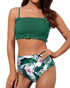 Removable Padding Push Up Bra Smocked 2 Piece Swimsuit-Green Tropical Floral