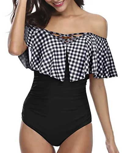 Removable Push-Up Padded Bra Swimsuits Criss-Cross Lace-Up For Women-Black And White Checkered
