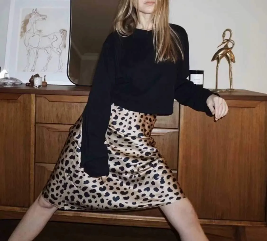 Retro Elastic Band  High Waisted Leopard Print Midi Skirt