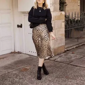 Retro Elastic Band  High Waisted Leopard Print Midi Skirt
