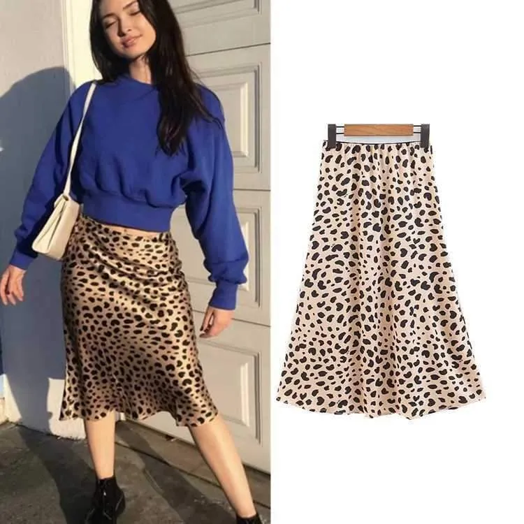 Retro Elastic Band  High Waisted Leopard Print Midi Skirt