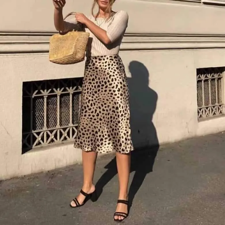 Retro Elastic Band  High Waisted Leopard Print Midi Skirt