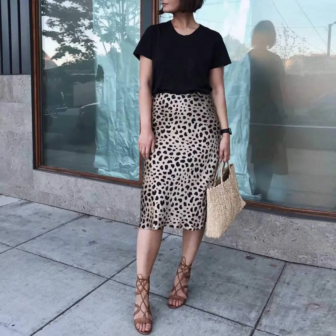 Retro Elastic Band  High Waisted Leopard Print Midi Skirt