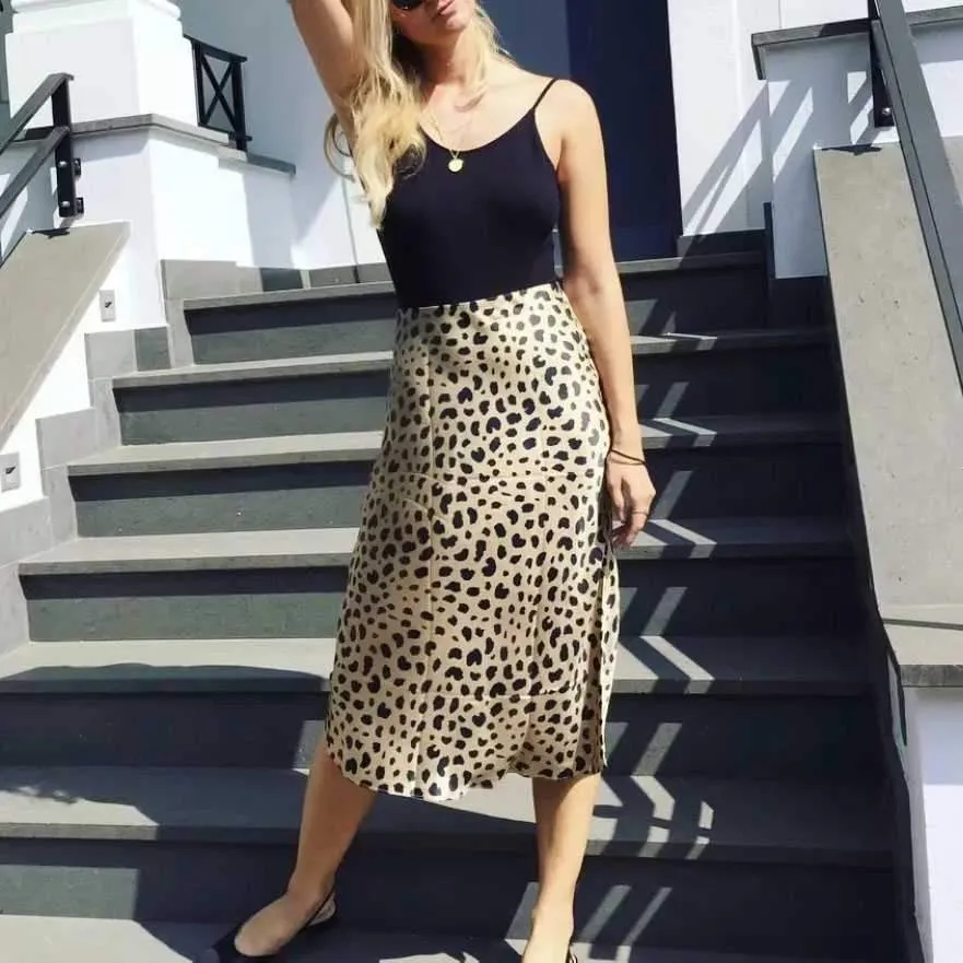 Retro Elastic Band  High Waisted Leopard Print Midi Skirt