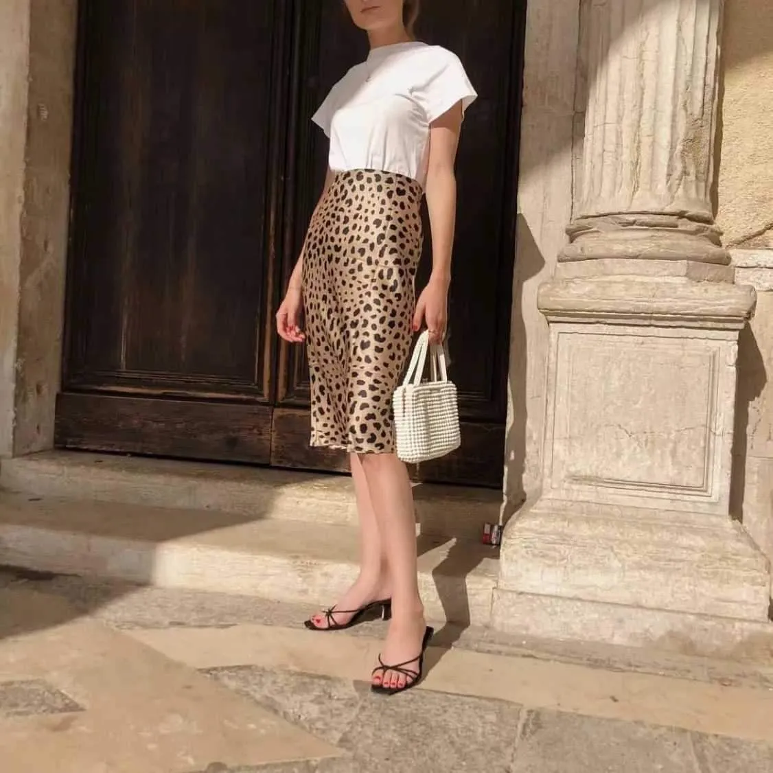 Retro Elastic Band  High Waisted Leopard Print Midi Skirt