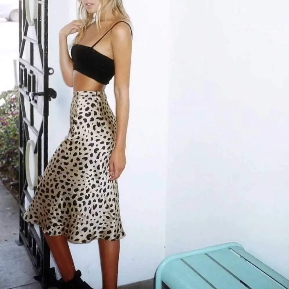 Retro Elastic Band  High Waisted Leopard Print Midi Skirt