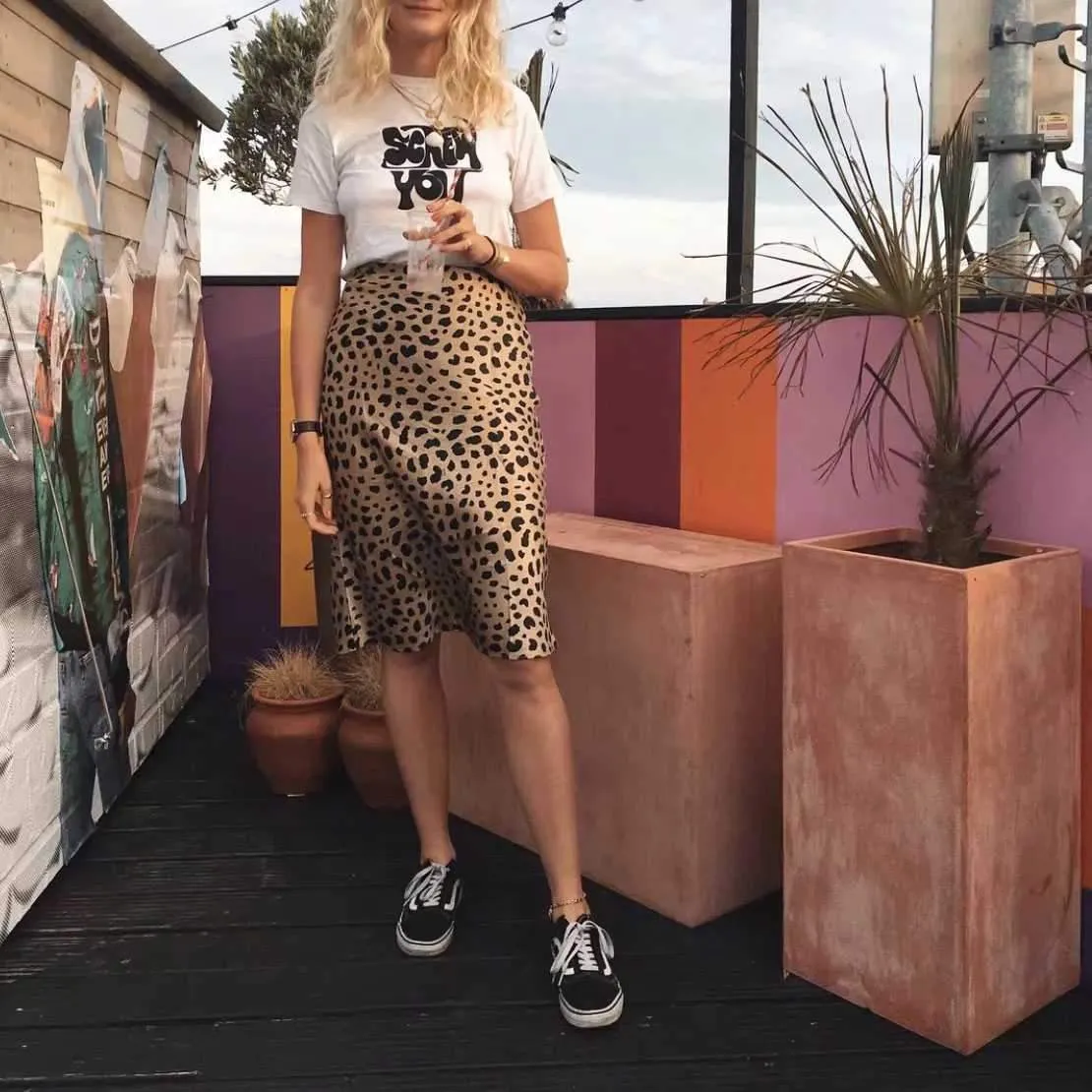 Retro Elastic Band  High Waisted Leopard Print Midi Skirt