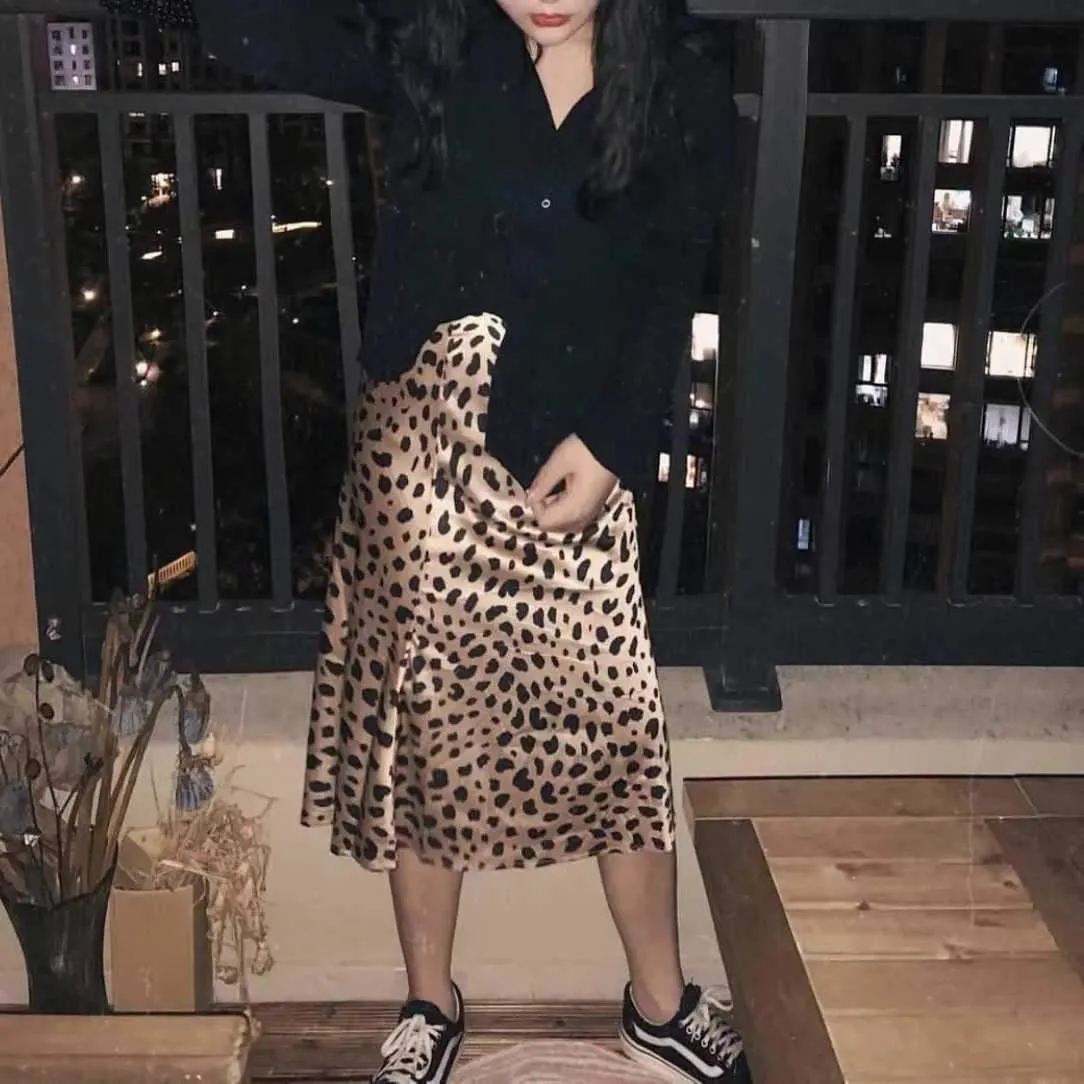 Retro Elastic Band  High Waisted Leopard Print Midi Skirt