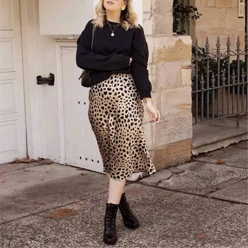 Retro Elastic Band  High Waisted Leopard Print Midi Skirt