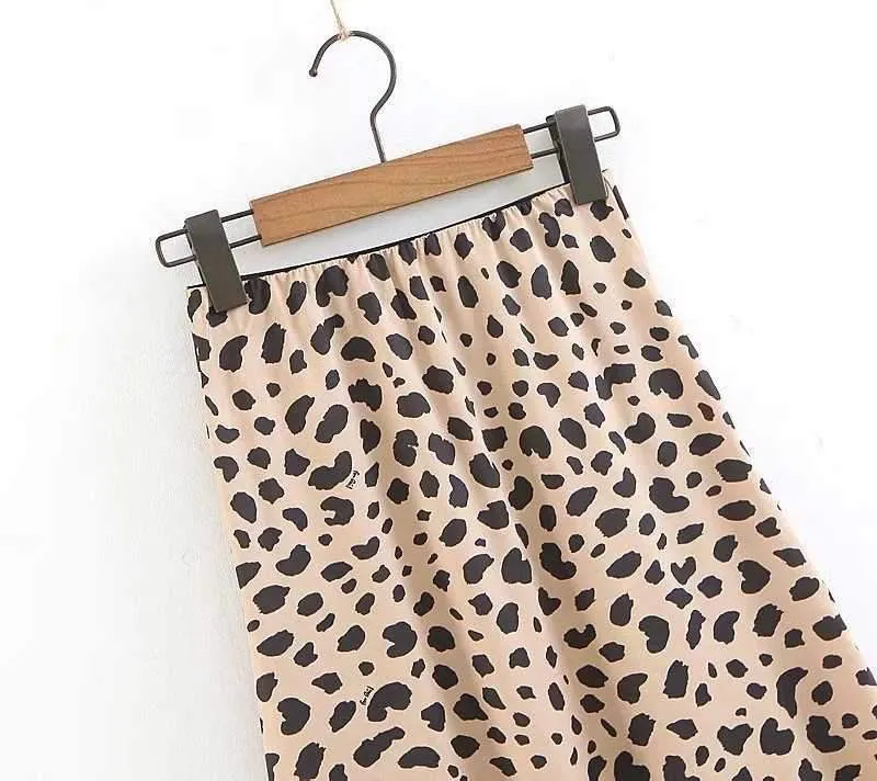 Retro Elastic Band  High Waisted Leopard Print Midi Skirt