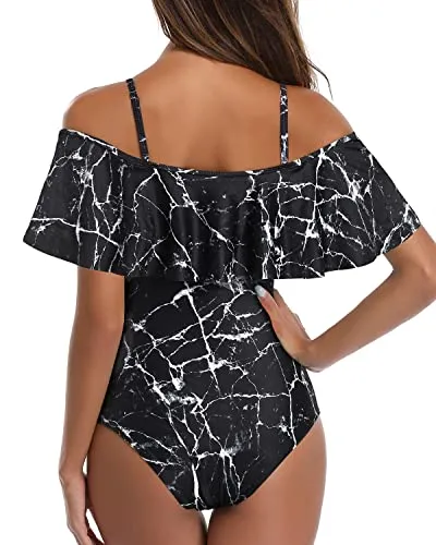 Retro Off Shoulder One Piece Swimsuit for Women Ruffle Tummy Control Bathing Suit