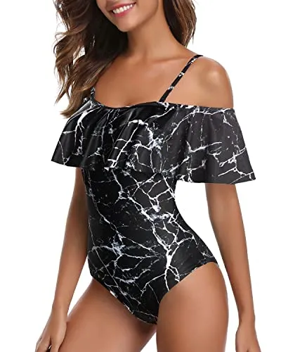 Retro Off Shoulder One Piece Swimsuit for Women Ruffle Tummy Control Bathing Suit