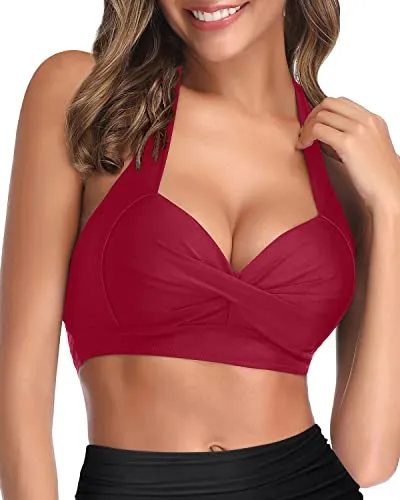Retro Push Up Halter Bikini Top Only-Red