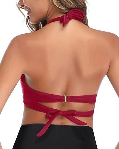 Retro Push Up Halter Bikini Top Only-Red