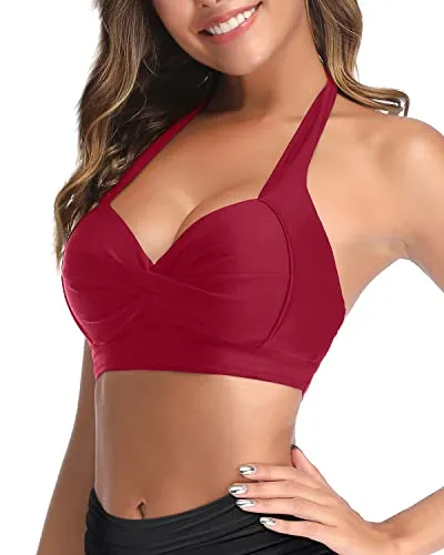 Retro Push Up Halter Bikini Top Only-Red