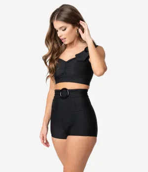 Retro Style Black Rounded Buckle High Waist Swim Shorts