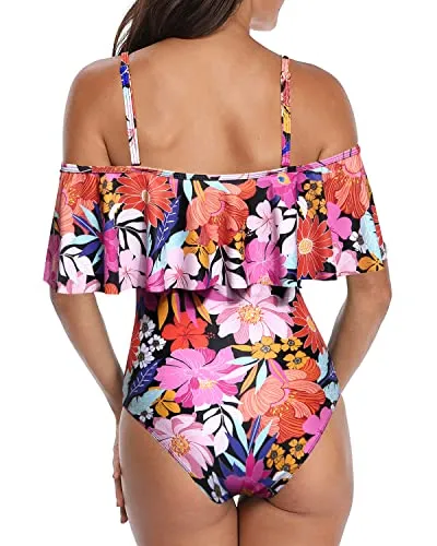Retro-Style One Piece Swimsuit Ruffled Sleeves-Pink Floral