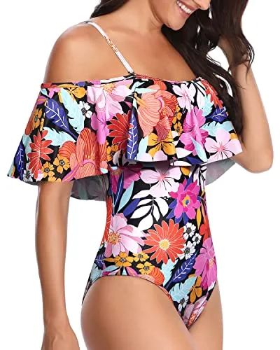 Retro-Style One Piece Swimsuit Ruffled Sleeves-Pink Floral