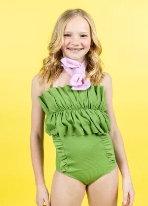 Ribbed Spring Green | Youth Down in Front Ruffle Bottoms