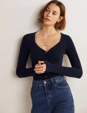 Ribbed Sweetheart Cardigan-Navy