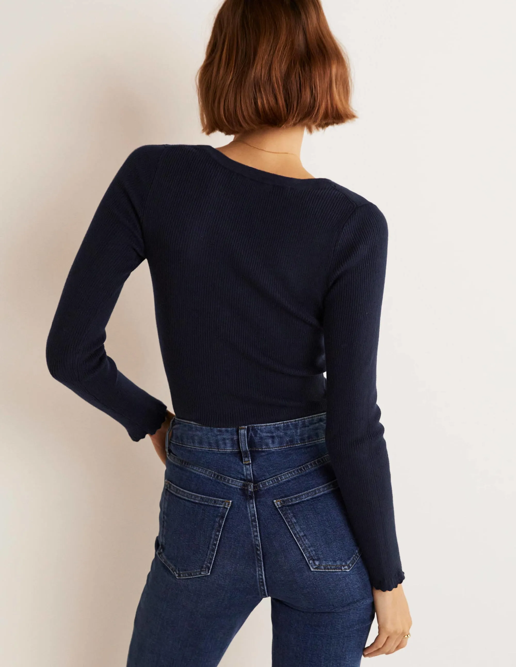 Ribbed Sweetheart Cardigan-Navy