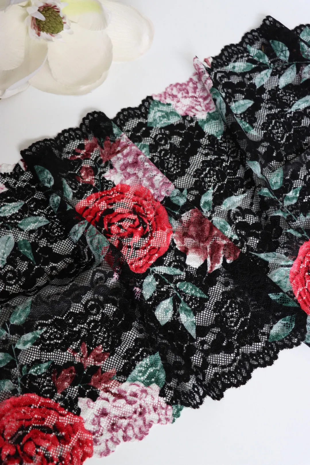 Rose Garden on Black 11" Wide Stretch Lace