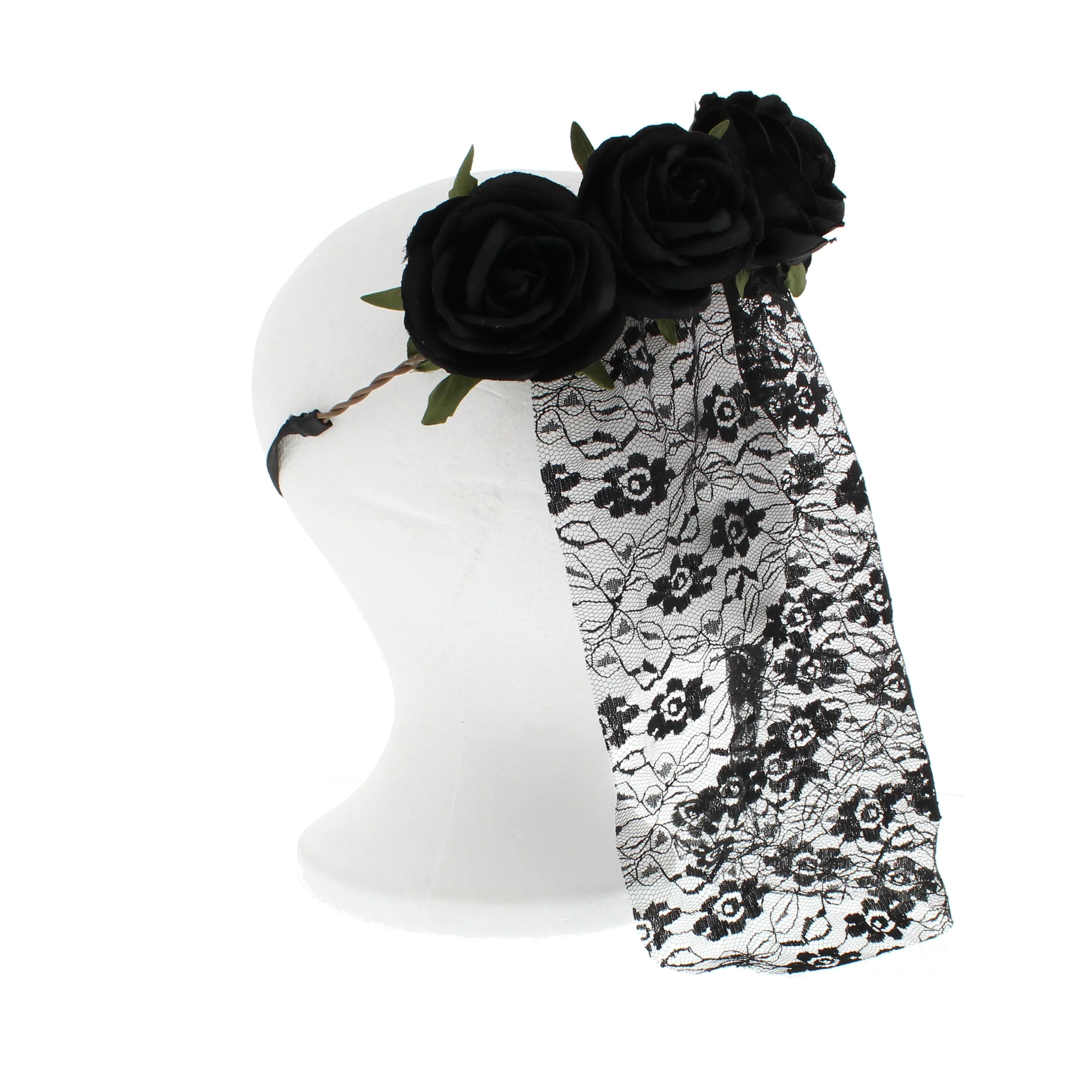 Rose Headband with Flower Patterned Lace Veil