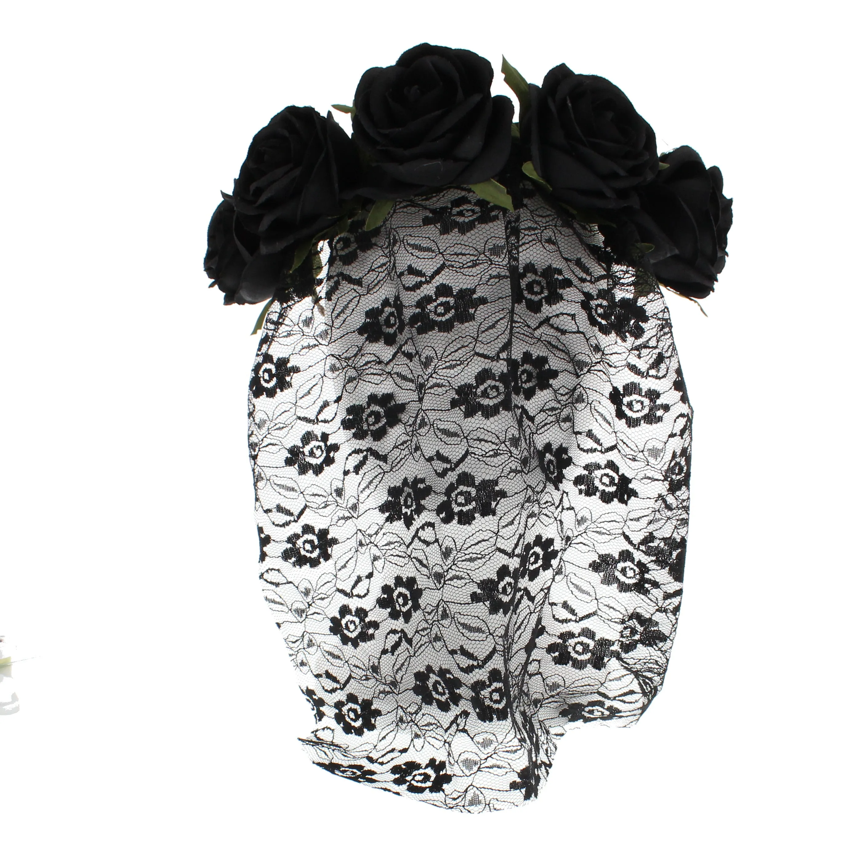 Rose Headband with Flower Patterned Lace Veil