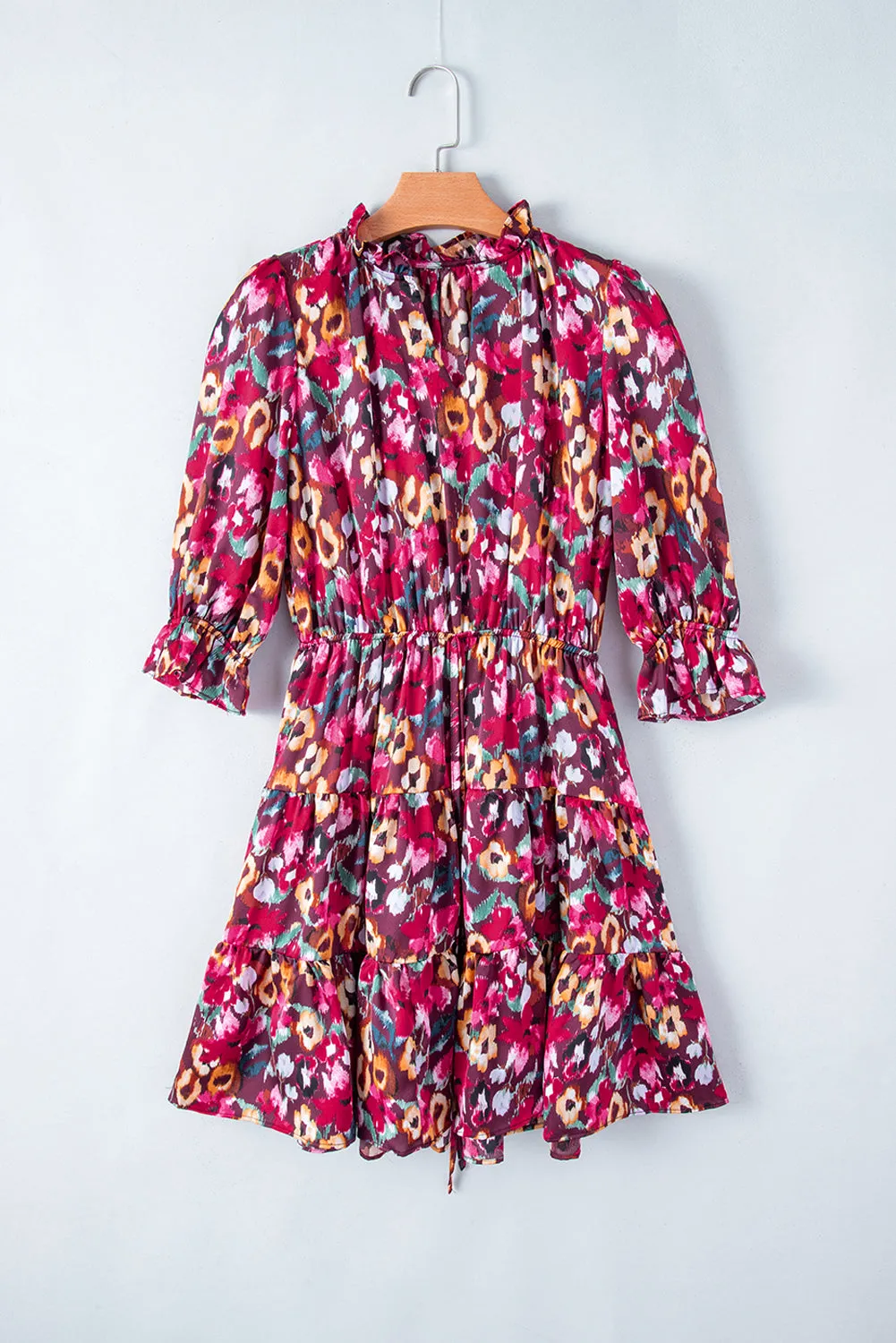 Rose Red Floral Print Tiered Ruffled Half Sleeve V Neck Dress