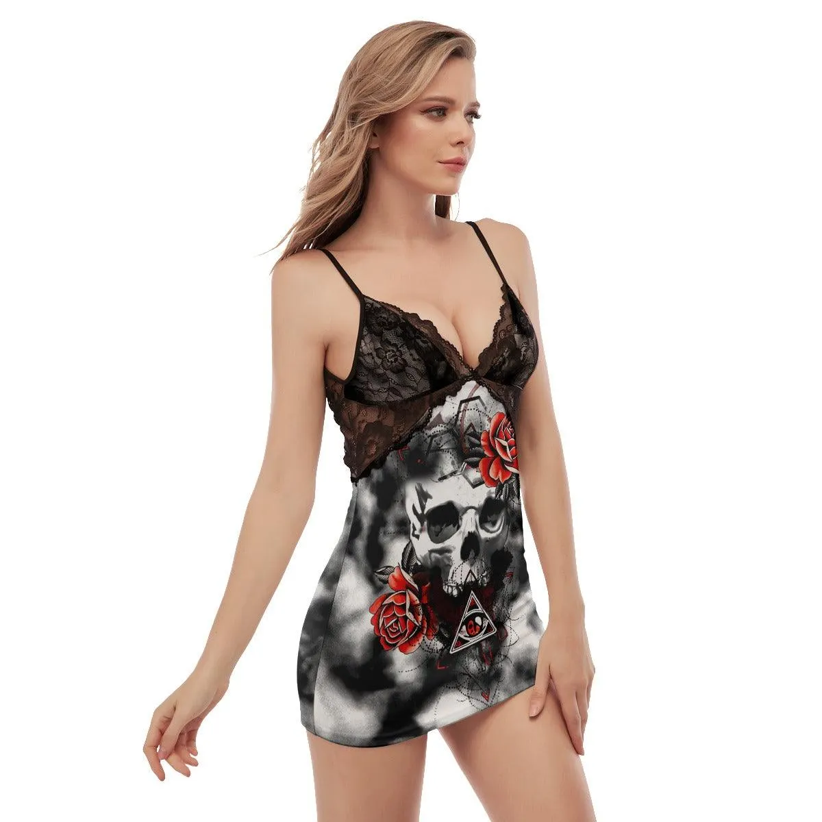 Rose Skull Gothic Women's Back Straps Cami Dress With Lace