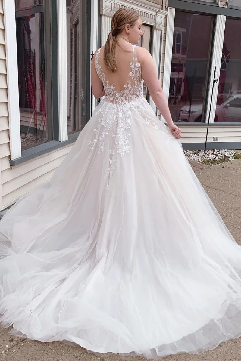 Roselyn | A-Line Tulle Sparkly White Wedding Dress with Appliques
