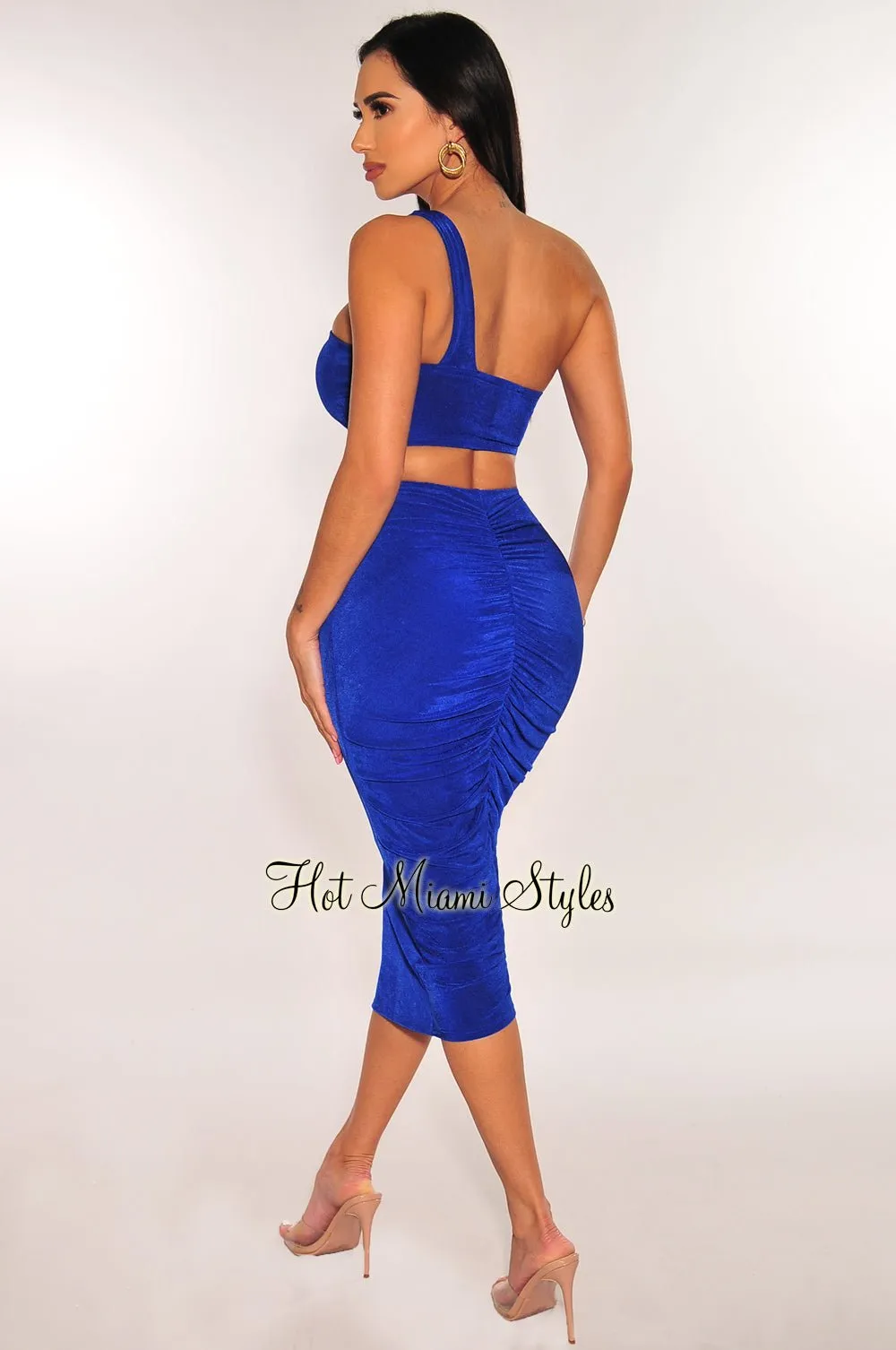 Royal Blue Ribbed Shimmery One Shoulder Ruched Back Skirt Two Piece Set