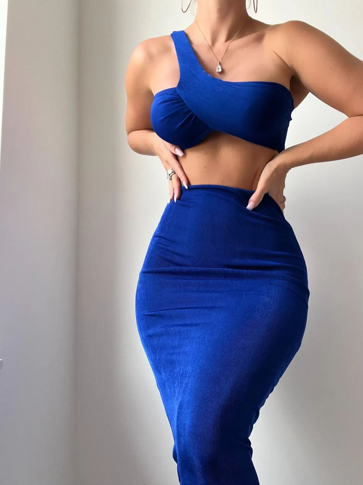 Royal Blue Ribbed Shimmery One Shoulder Ruched Back Skirt Two Piece Set