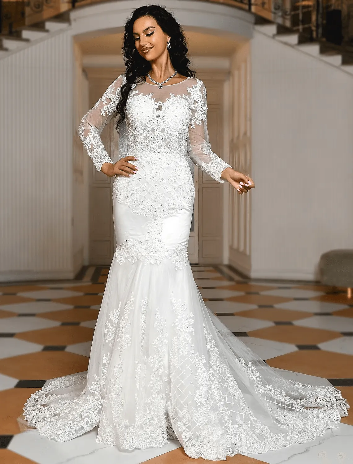 Royal Style Formal Wedding Dresses Sweep / Brush Train Mermaid / Trumpet Long Sleeve Scoop Neck Lace With Beading Appliques