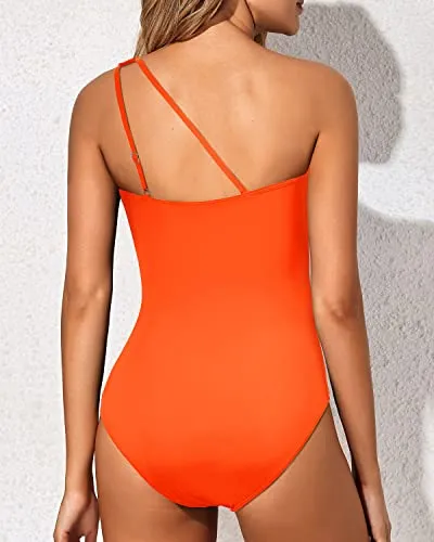 Ruched Flattering One Shoulder One Piece Swimsuit For Women-Neon Orange
